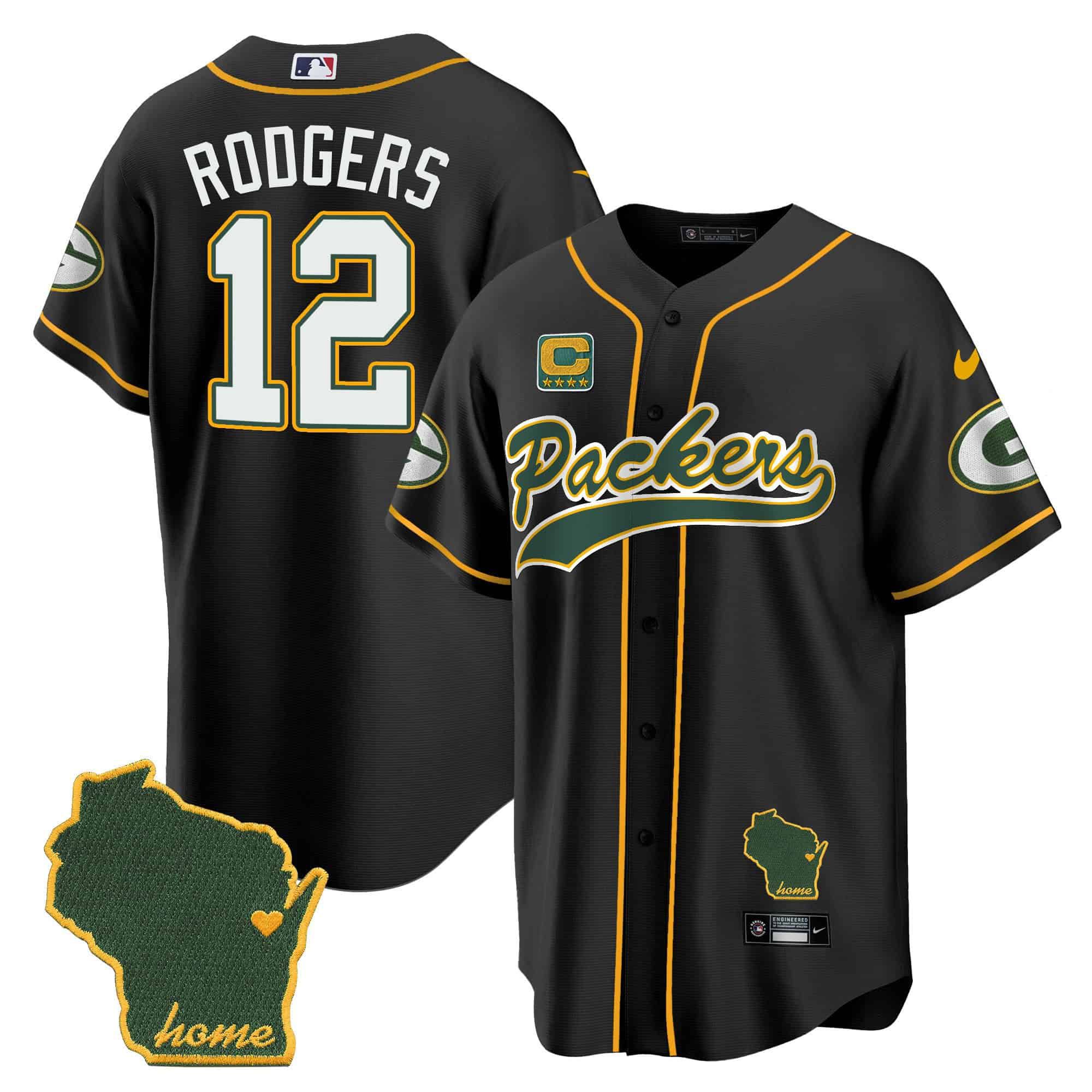 Men Green Bay Packers 12 Rodgers Black 2024 Nike Home Patch Baseball NFL Jersey
